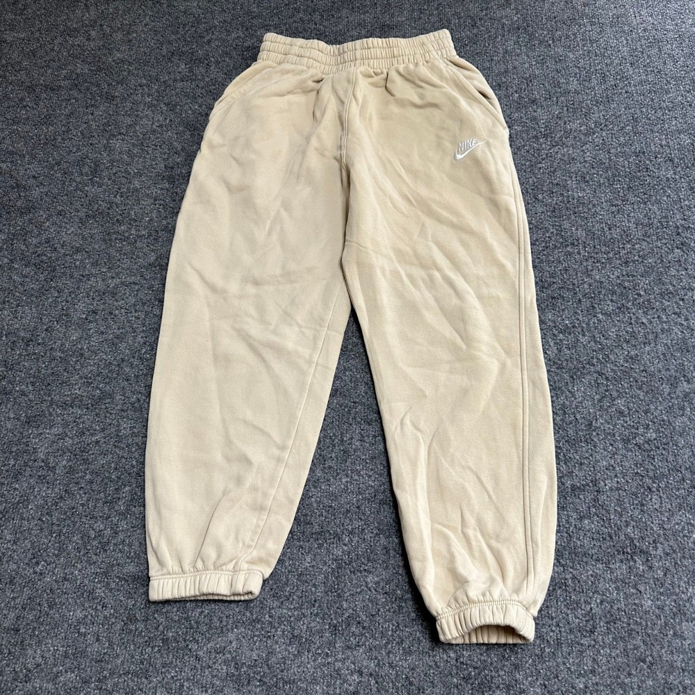 Nike Sweatpants Womens Size M Tan Beige Fleece Joggers Elastic Waist Cuffed Logo